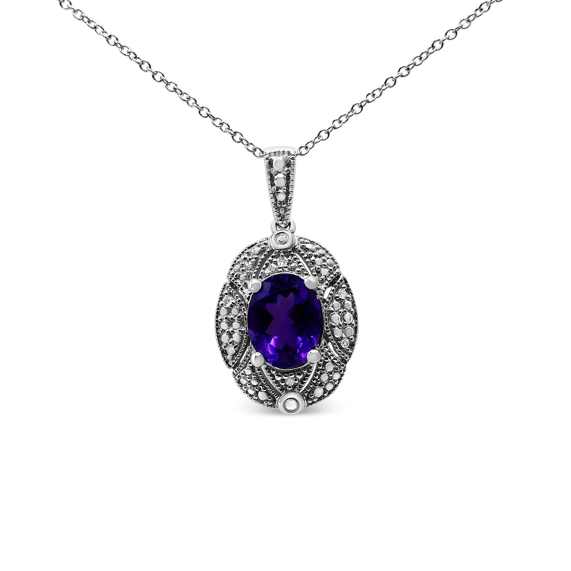 Sterling silver necklace with purple oval amethyst pendant and diamond accents, 18in chain on Tampa Home & Garden Store