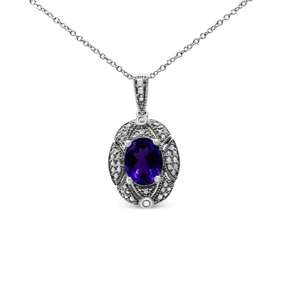 Sterling silver necklace with purple oval amethyst pendant and diamond accents, 18in chain on Tampa Home & Garden Store