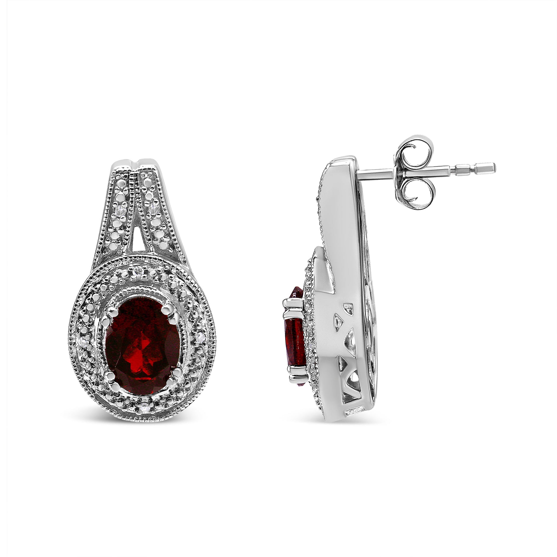 Sterling silver 8x6mm red oval garnet stud earrings with diamond accents on Tampa Home & Garden Store