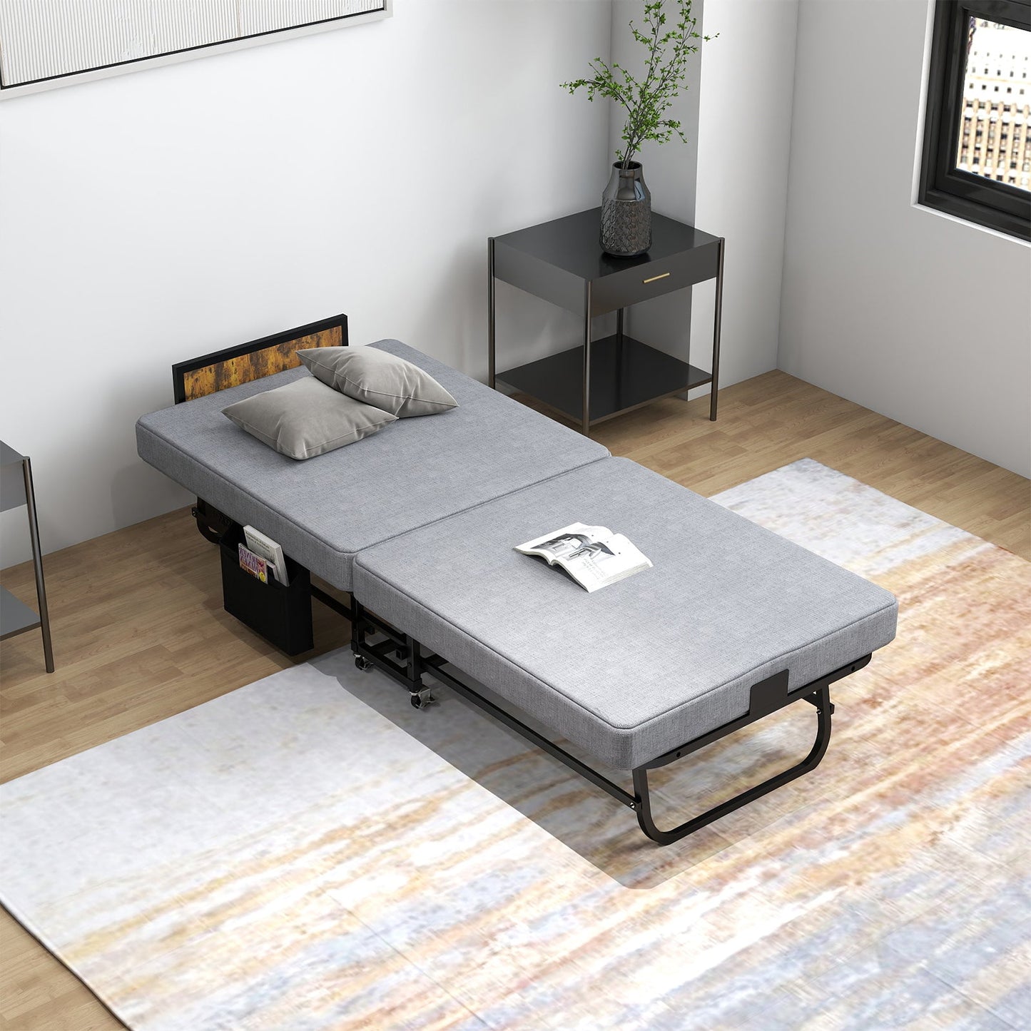 HouseOfZazla folding bed 78x31 with headboard and USB charging, gray mattress on black metal frame on Tampa Home & Garden Store