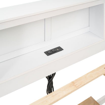 White platform bed with storage headboard and USB outlets, cables visible on Tampa Home & Garden Store