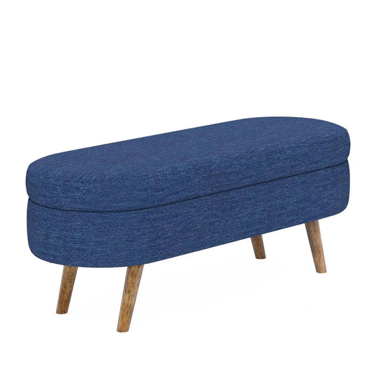 Ottoman oval storage bench in blue upholstery with rubber wood legs on Tampa Home & Garden Store