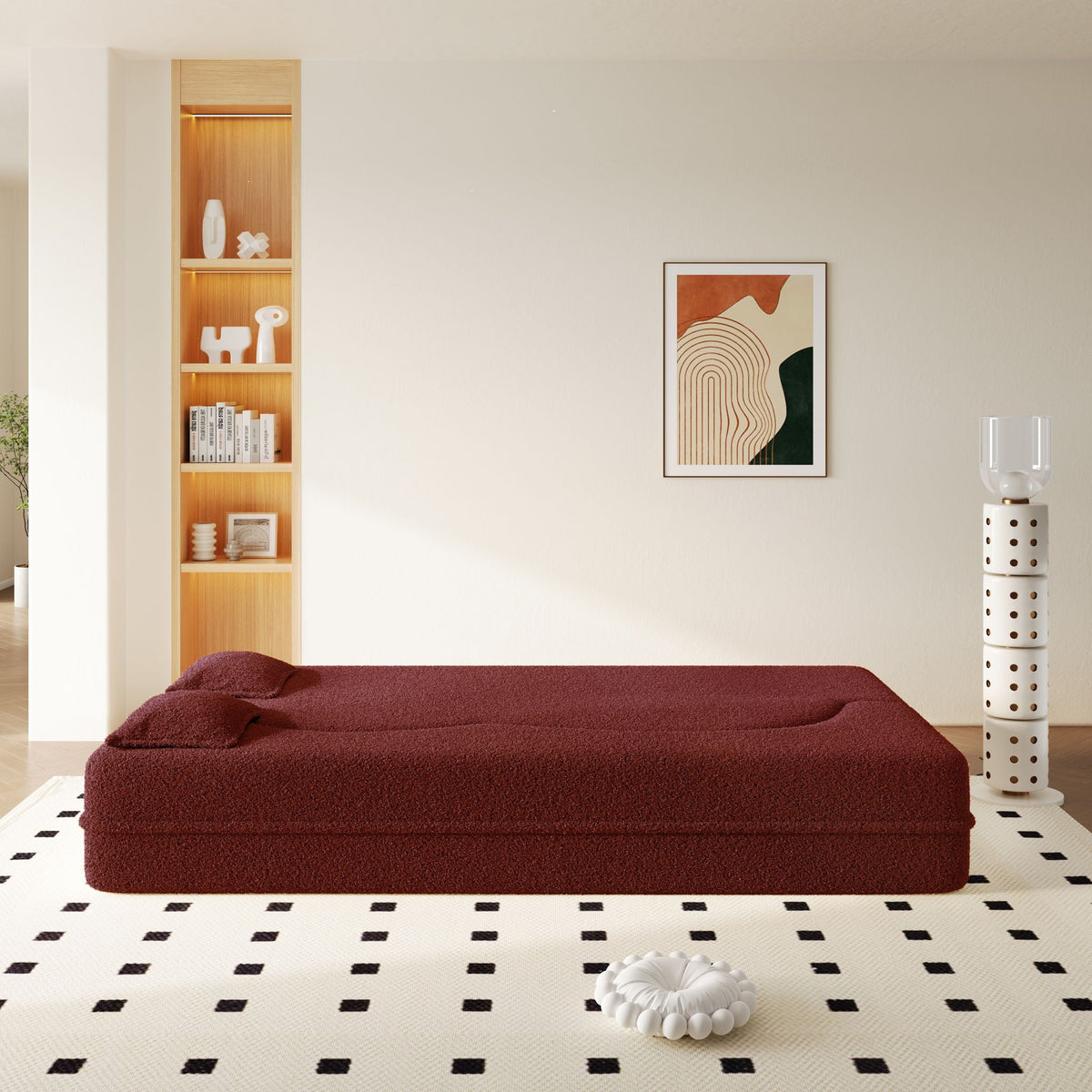 Modern Floor Sleeper Sofa Bed And Two Pillows