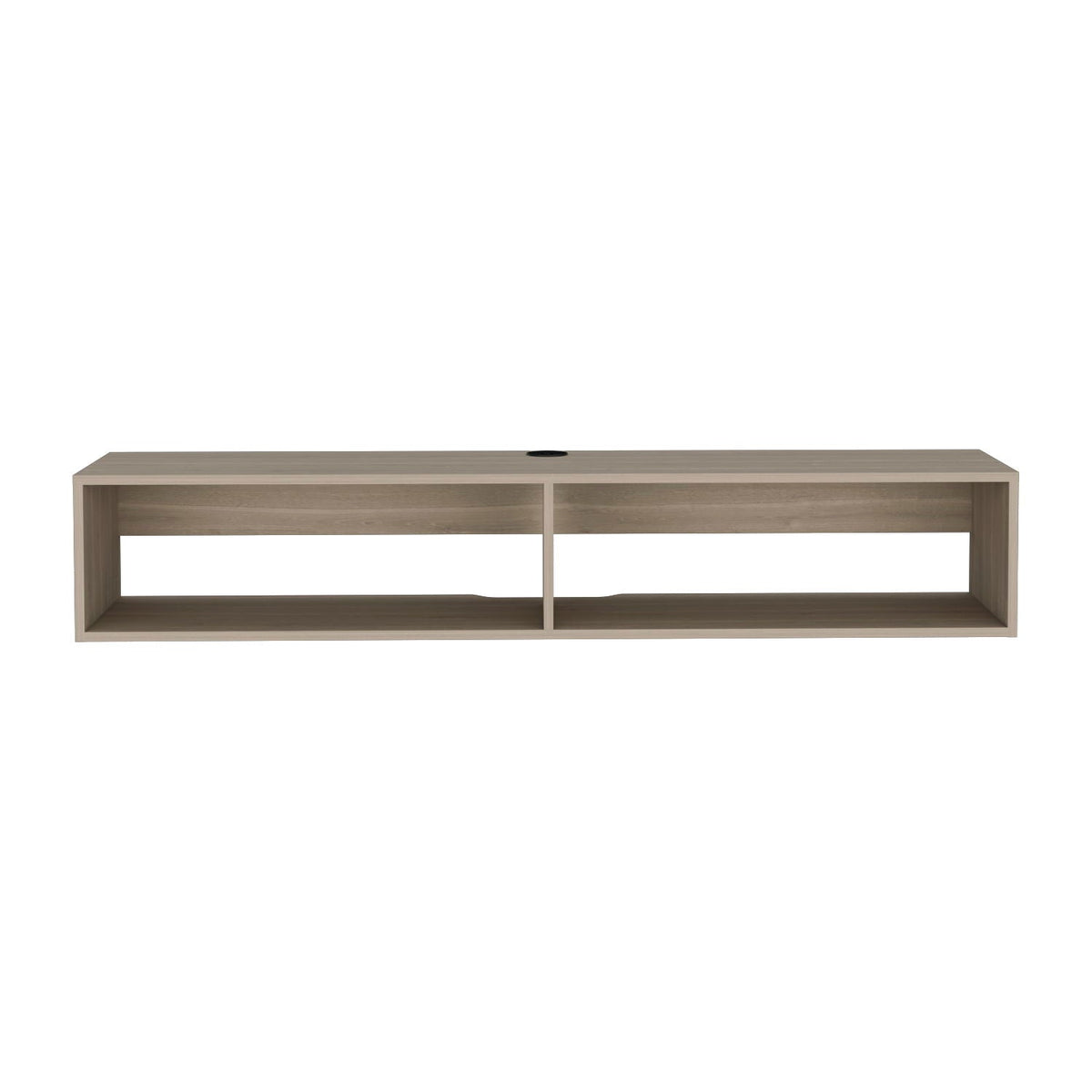 Moore floating TV stand in light brown wood with two open shelves and cable hole on Tampa Home & Garden Store