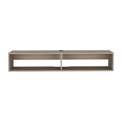 Moore floating TV stand in light brown wood with two open shelves and cable hole on Tampa Home & Garden Store