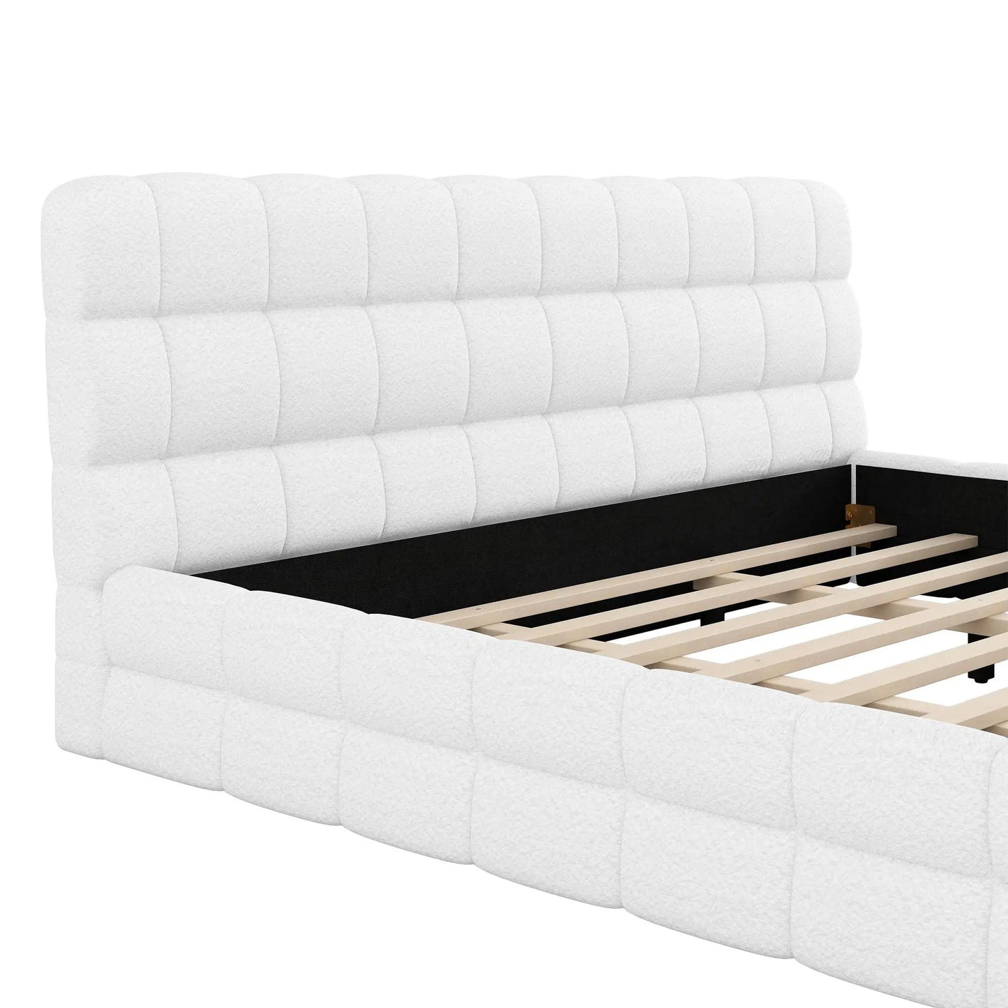Upholstered Platform Bed With Headboard, tufted light gray fabric headboard, dark frame with beige wood slats on Tampa Home & Garden Store
