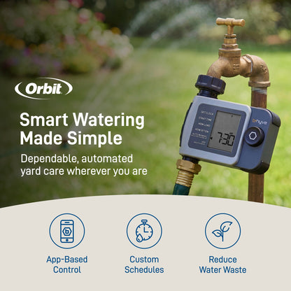 B-Hyve XD Bluetooth Hose Timer with Hub by Orbit Irrigation mounted on an outdoor brass faucet on Tampa Home & Garden Store