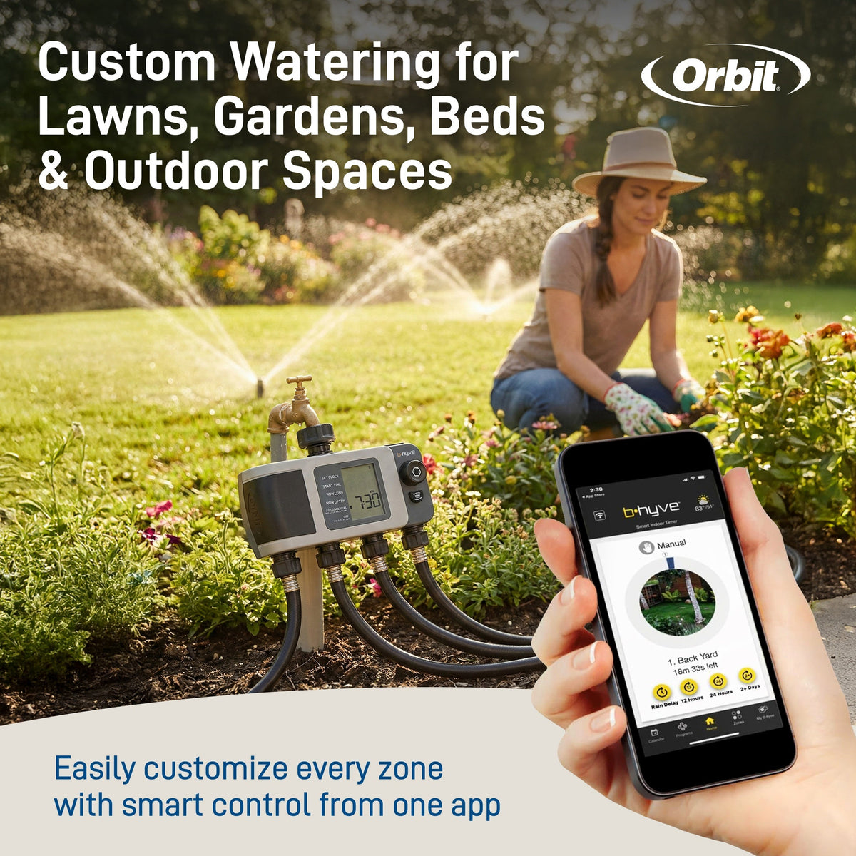 Orbit B-hyve XD Bluetooth 4-outlet hose faucet timer in garden with smartphone app control on Tampa Home & Garden Store