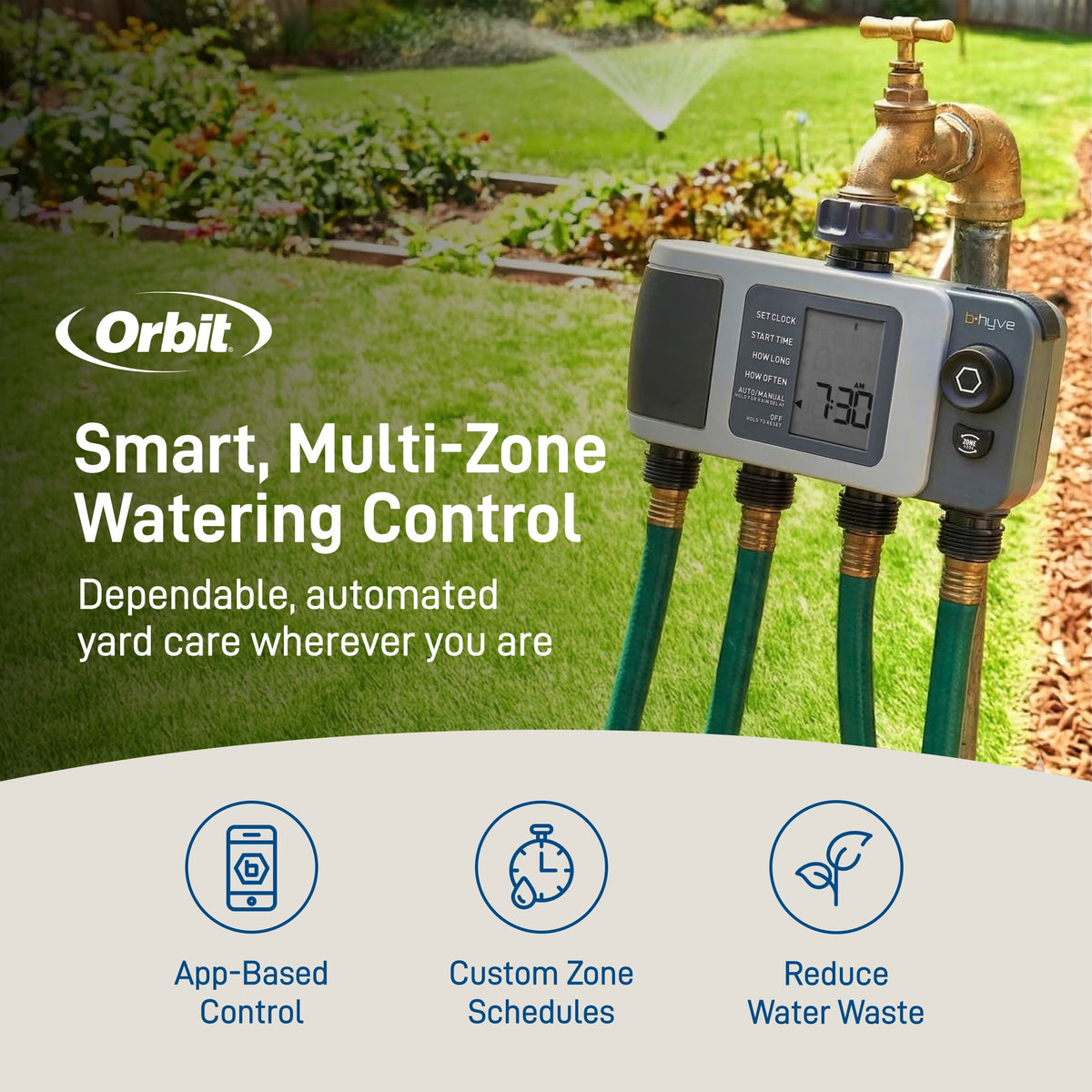 B-Hyve XD Bluetooth four-outlet hose timer with hub by Orbit Irrigation, gray sprinkler control on Tampa Home & Garden Store