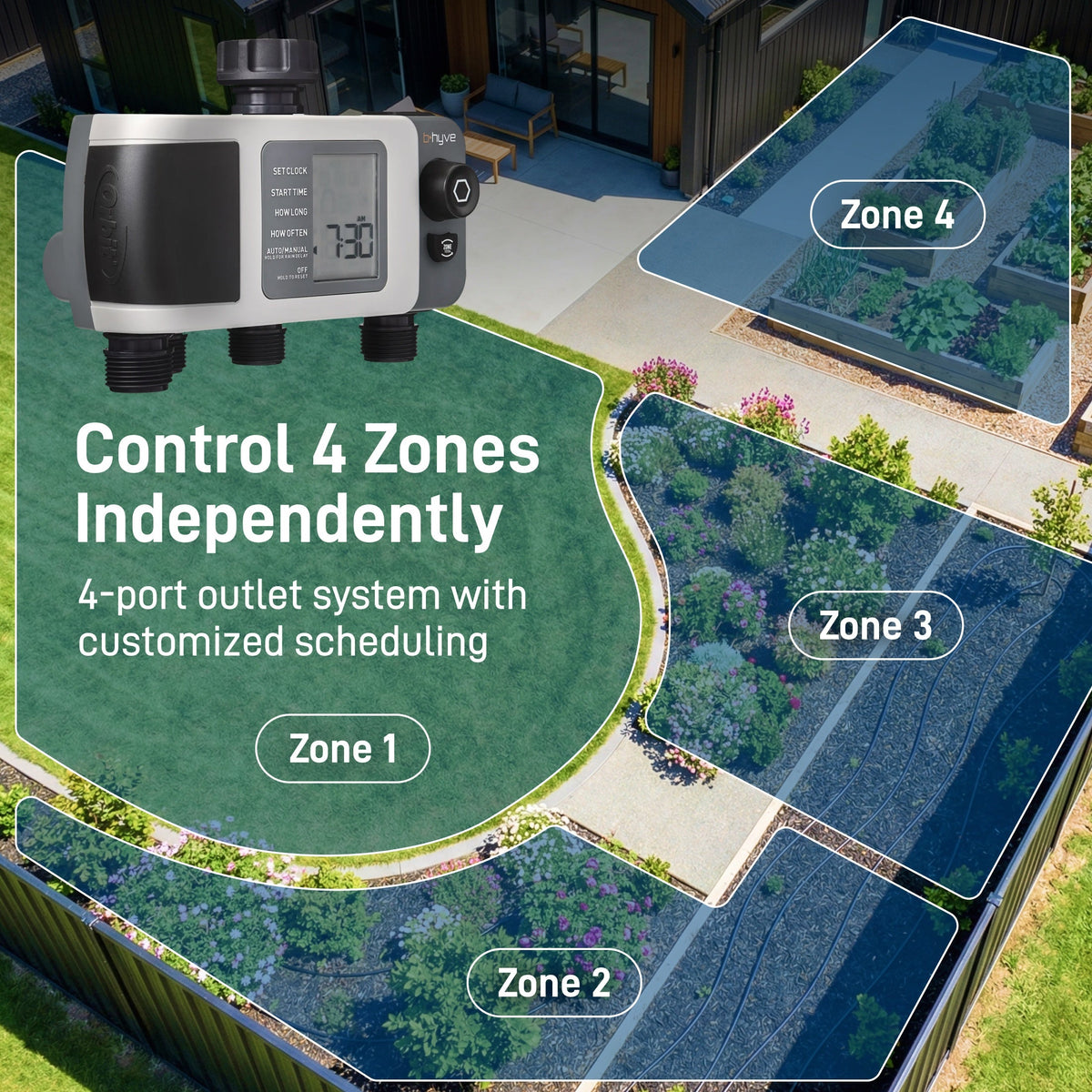 B-Hyve XD Bluetooth four-outlet hose timer with hub, Orbit Irrigation, 4-zone sprinkler control on Tampa Home & Garden Store