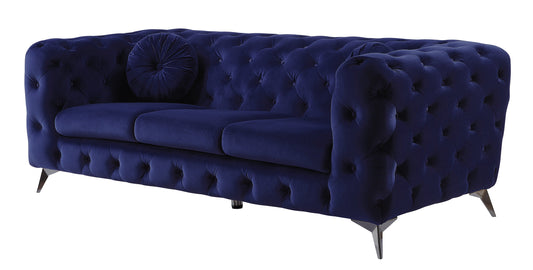 Atronia Blue Velvet Sofa by HouseOfZazla, tufted deep-blue velvet with a round bolster on Tampa Home & Garden Store