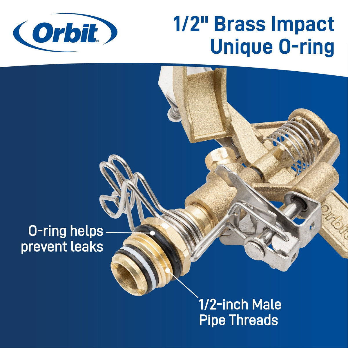 Orbit 1/2-inch brass impact sprinkler head with unique O-ring for wide lawn coverage on Tampa Home & Garden Store