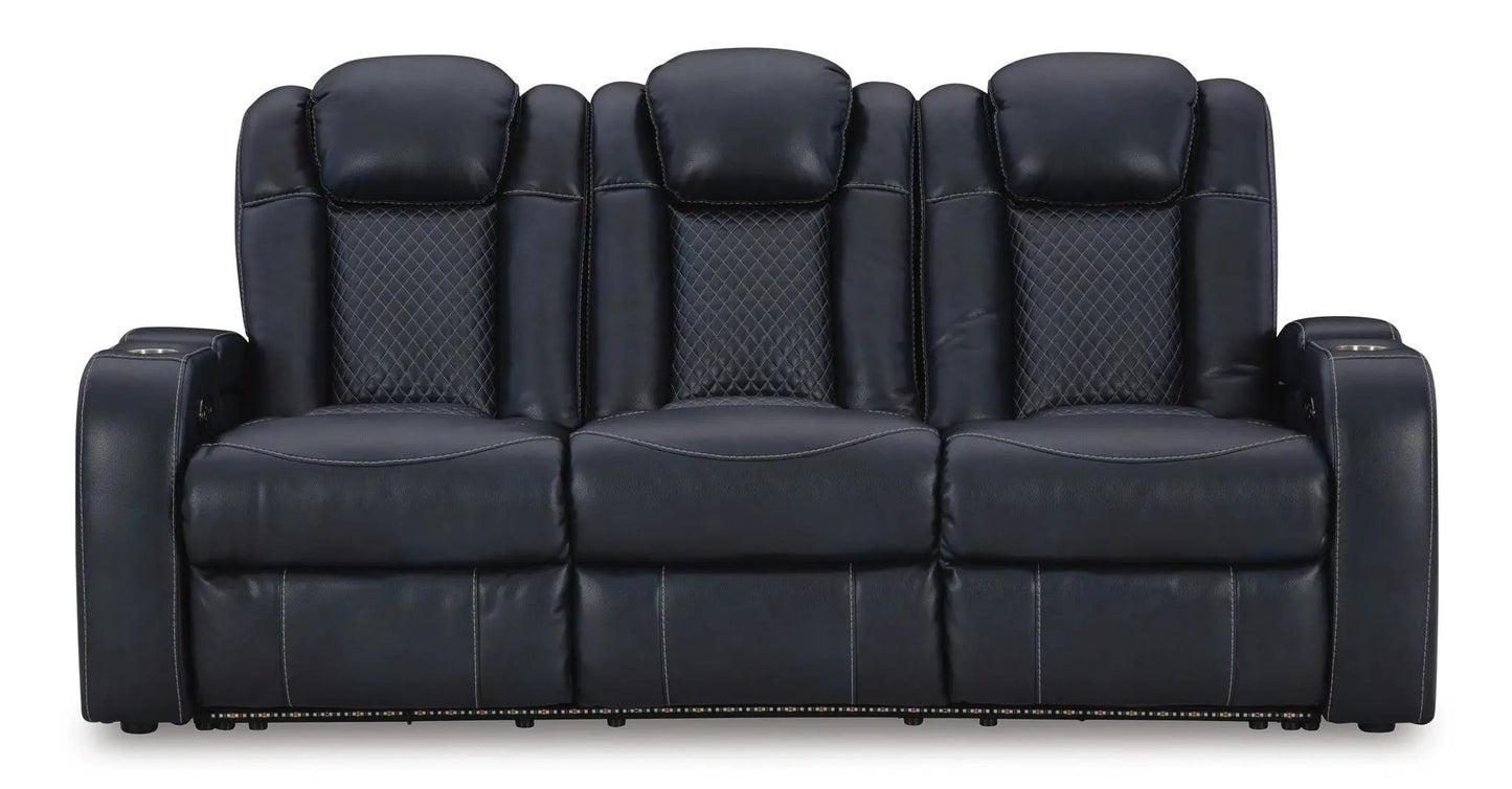 Fyne-dyme power reclining sofa with adjustable headrests in dark navy leather 3-seat on Tampa Home & Garden Store
