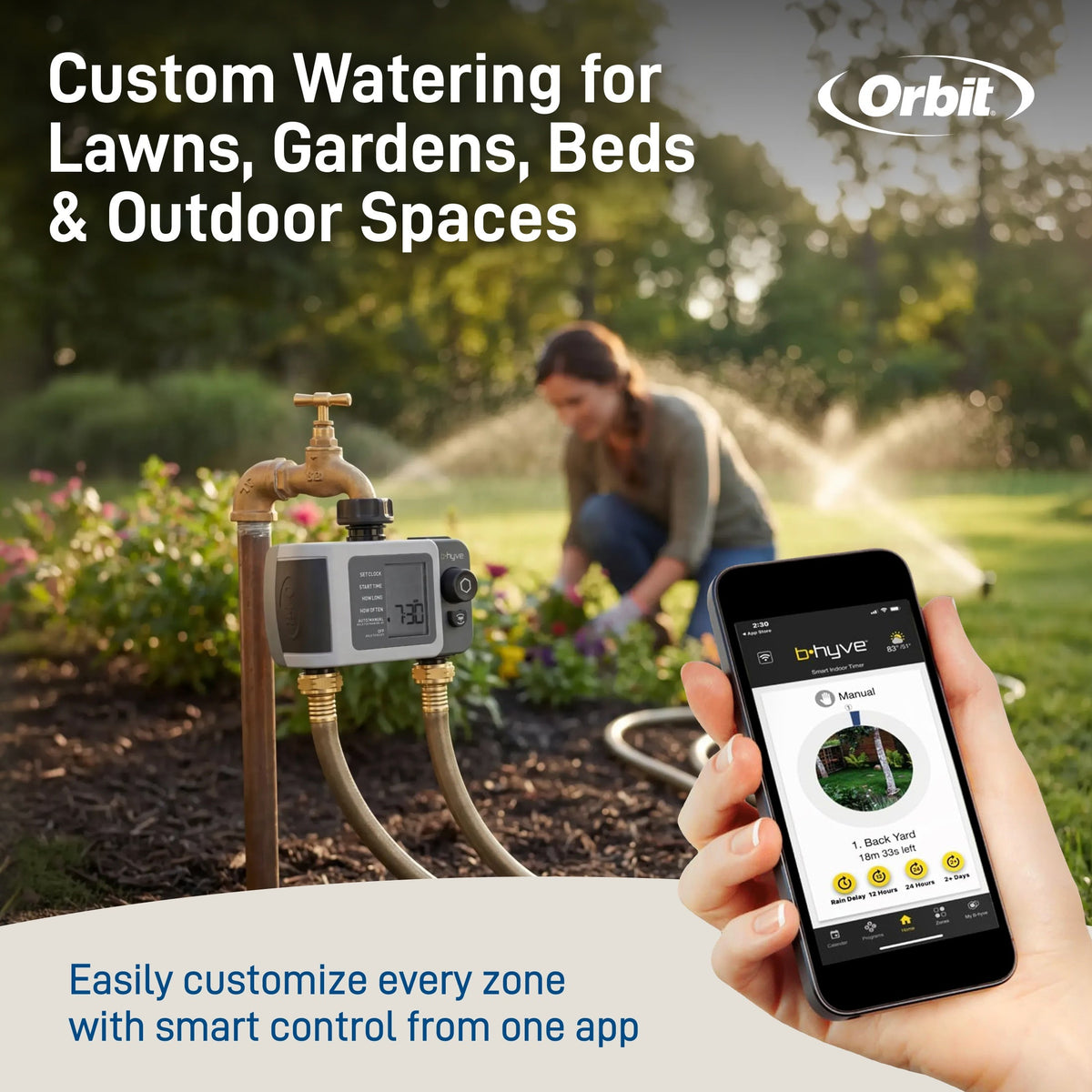 Orbit B-Hyve XD Bluetooth Hose Timer on faucet with digital display and mobile app on Tampa Home & Garden Store