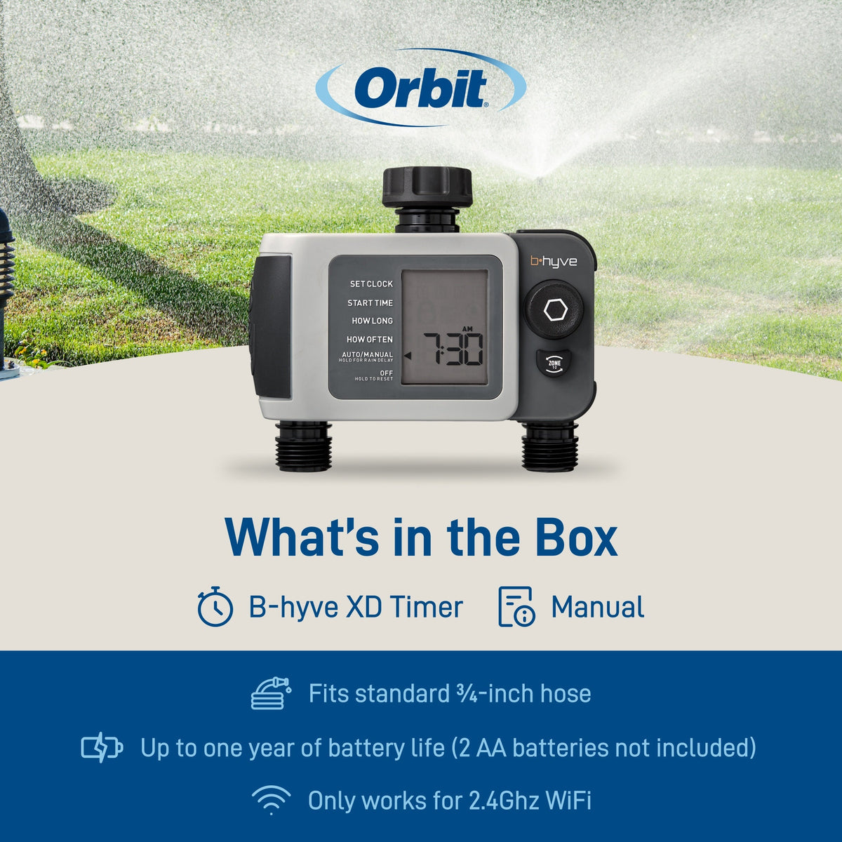 B-hyve XD Hose Timer by Orbit Irrigation, gray timer with digital display and black dial on Tampa Home & Garden Store
