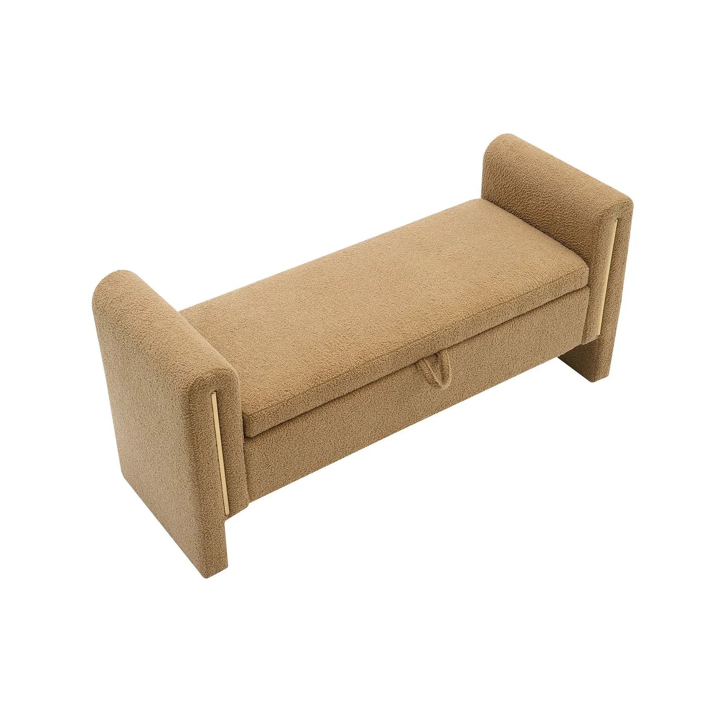 Modern Teddy Upholstered Large Bed End Bench with Arms and Storage in tan boucle fabric on Tampa Home & Garden Store
