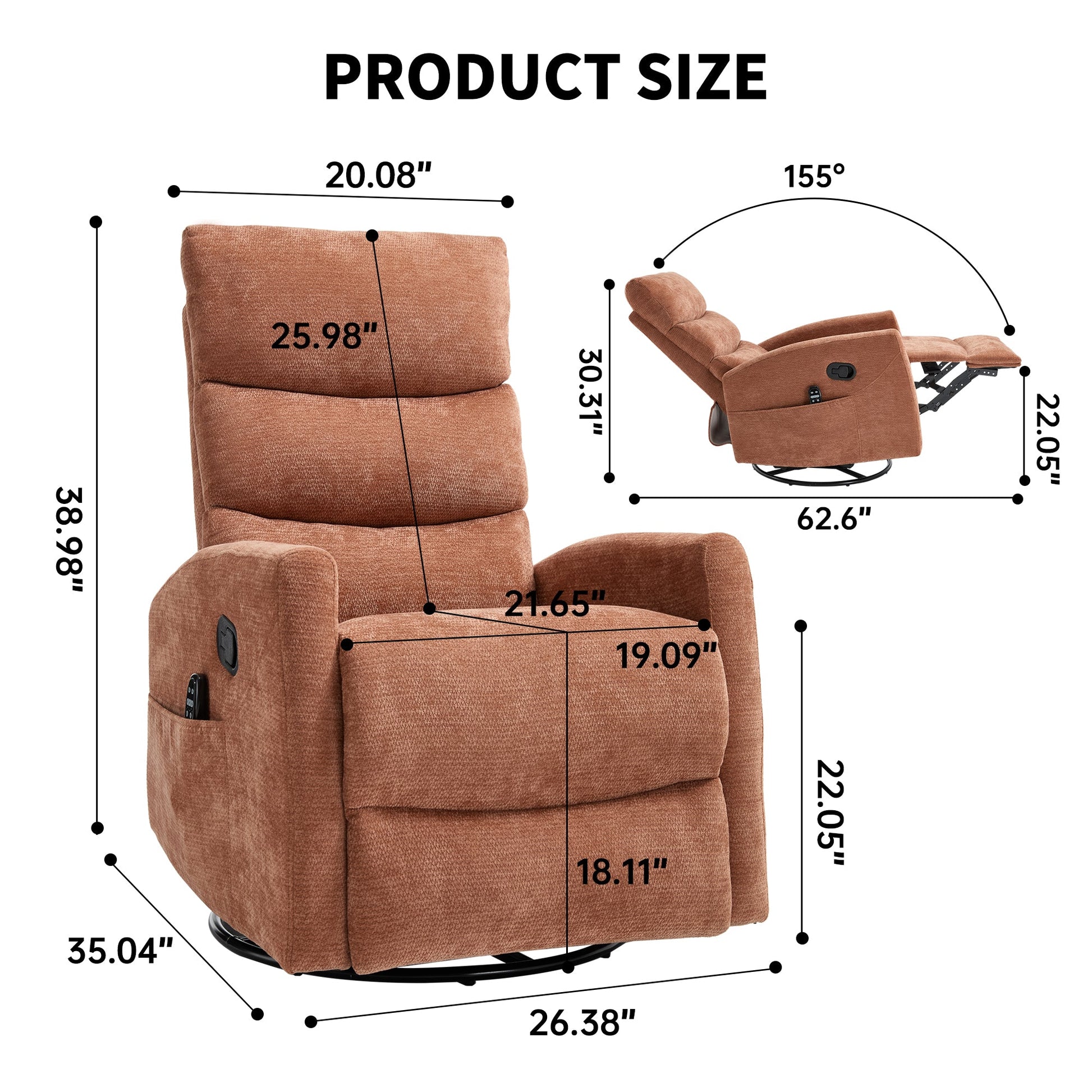 Heat Massage Manual Recliner Chair in rust fabric with side-pocket remote and round swivel base on Tampa Home & Garden Store