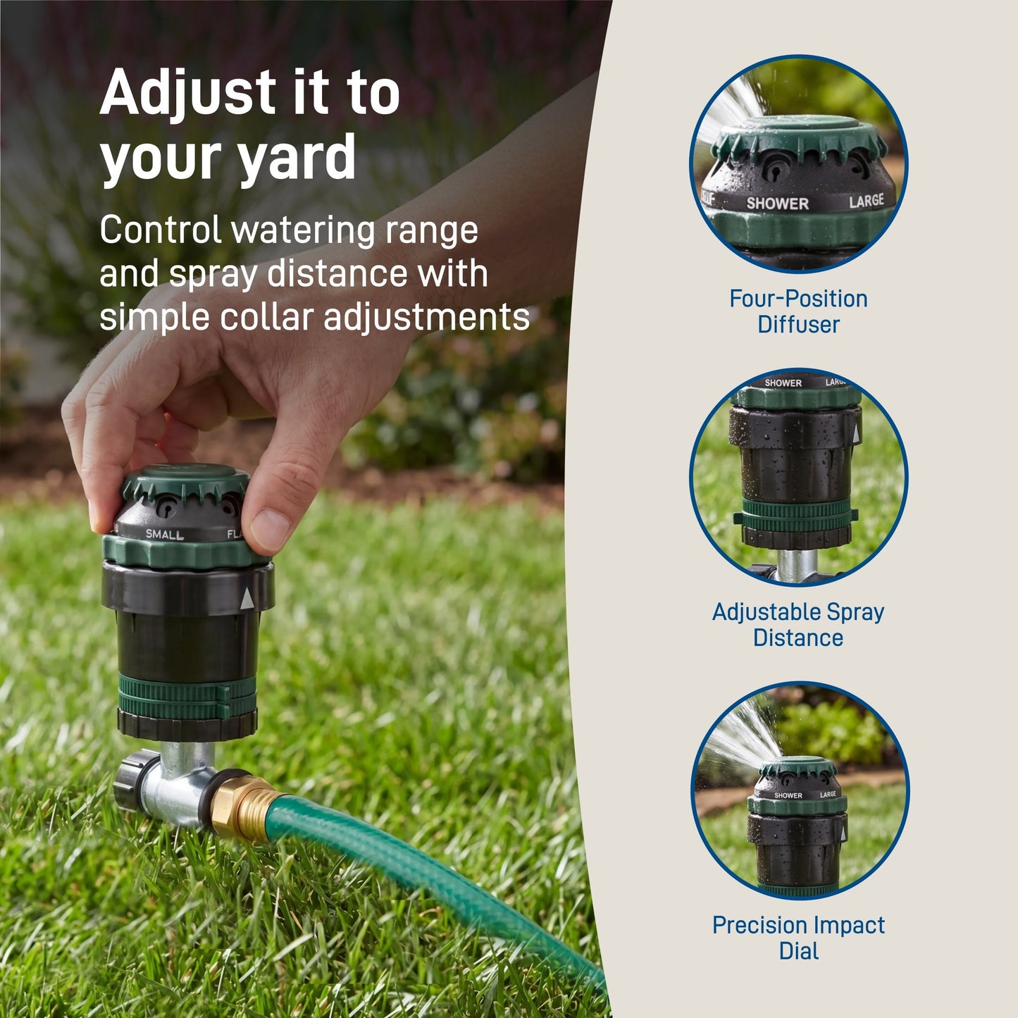Orbit H2O-Six Gear-Drive Sprinkler on Metal T Spike being adjusted by hand with green hose attached on Tampa Home & Garden Store