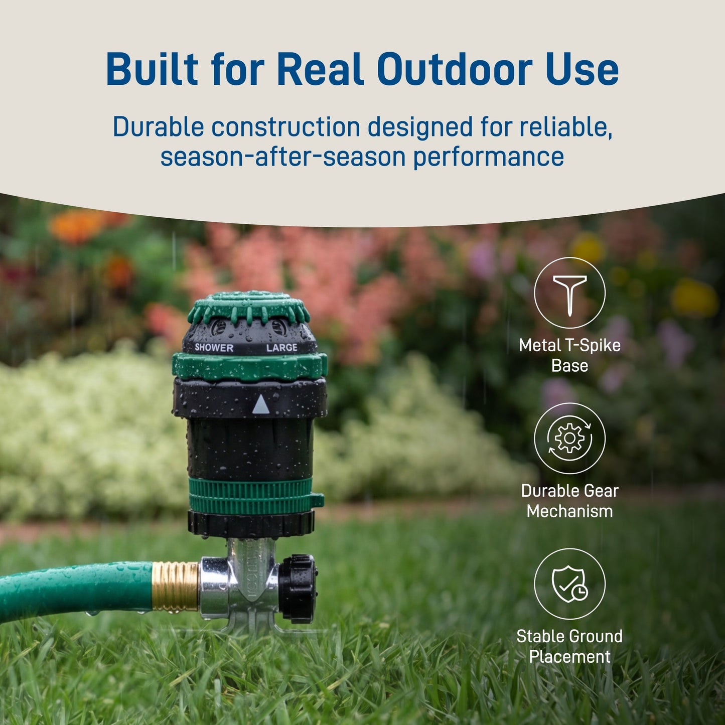 Orbit Irrigation H2O-Six Gear-Drive hose end sprinkler on metal T-spike base, green and black on Tampa Home & Garden Store