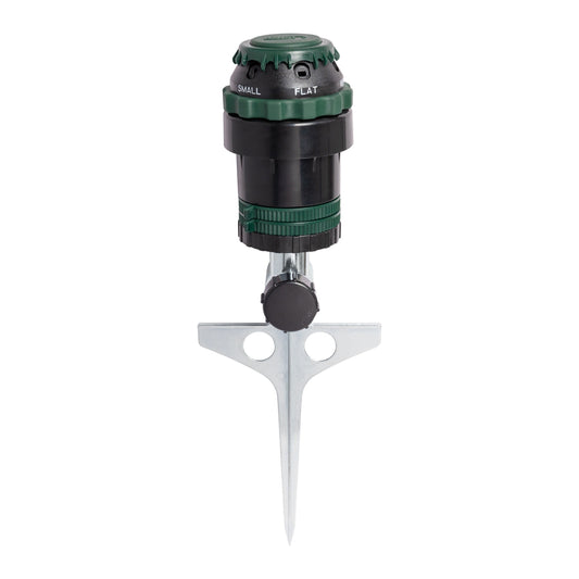 H2O-Six gear-drive sprinkler on metal T-spike, green and black hose-end sprinkler on Tampa Home & Garden Store