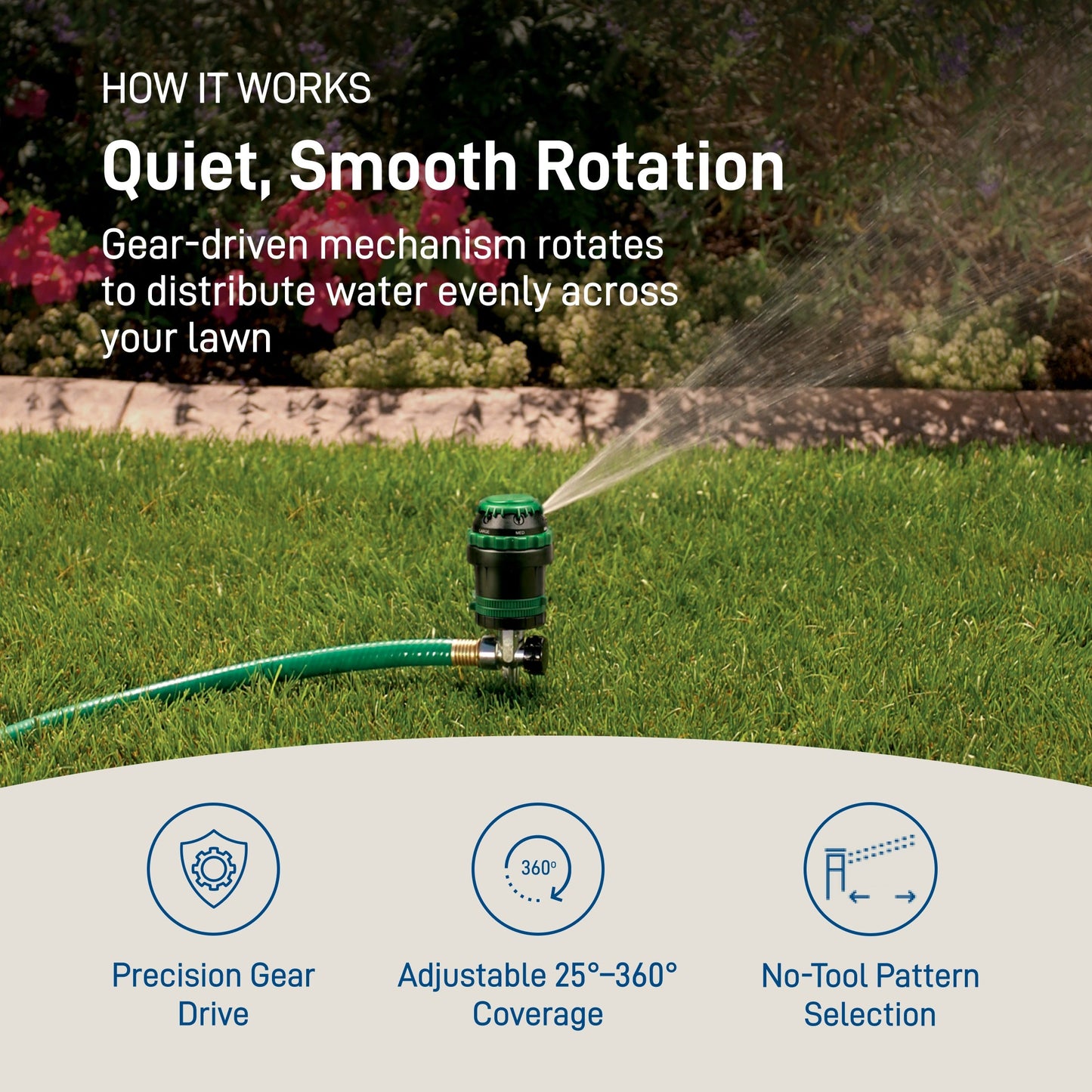H2O-Six Gear-Drive Sprinkler on Metal T Spike 58573, Orbit hose-end sprinkler, green on Tampa Home & Garden Store