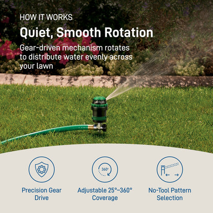 H2O-Six Gear-Drive Sprinkler on Metal T Spike 58573, Orbit hose-end sprinkler, green on Tampa Home & Garden Store