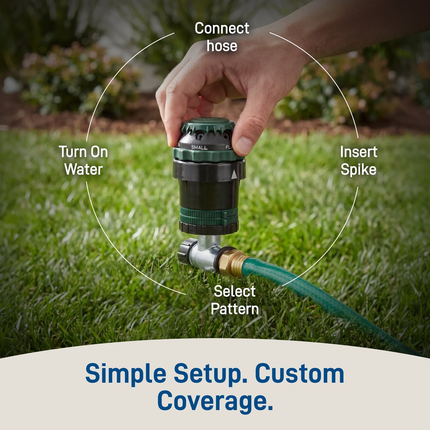 H2O-Six Gear-Drive Sprinkler on Metal T Spike 58573, Orbit Irrigation hose-end sprinkler with green cap in a grassy lawn on Tampa Home & Garden Store