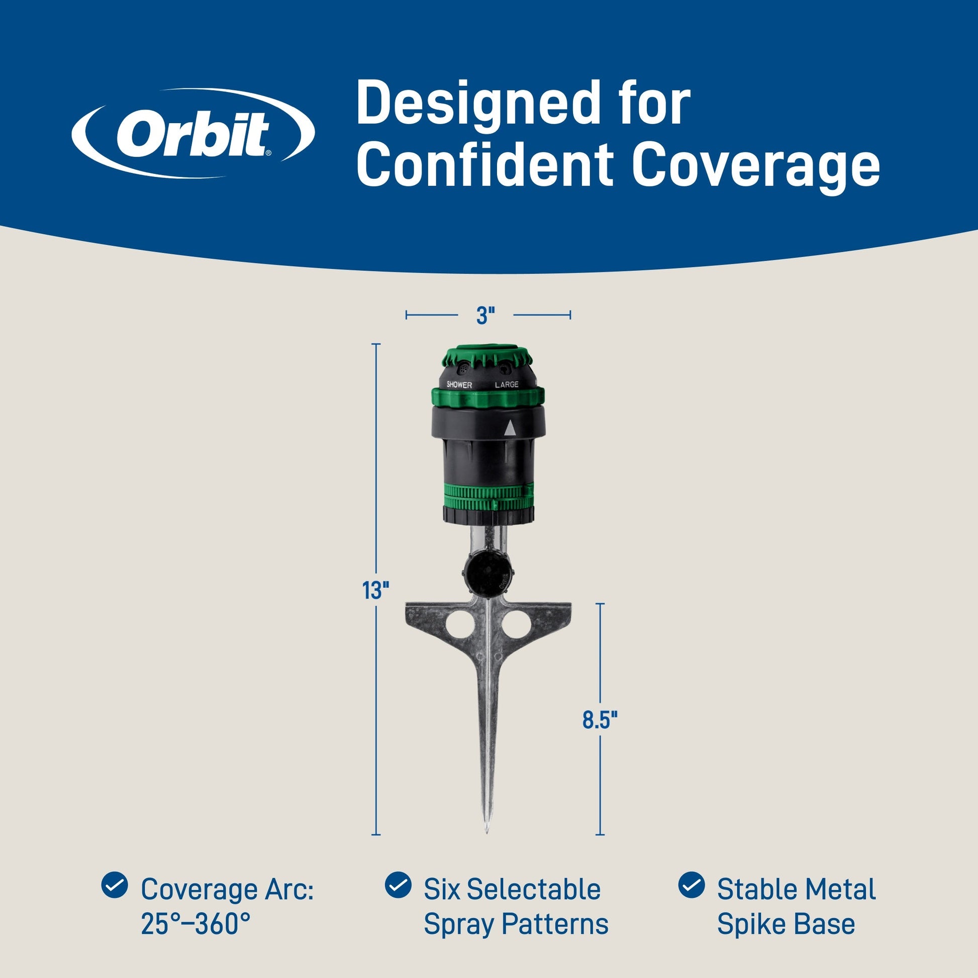 Orbit H2O-Six Gear-Drive Sprinkler on metal T spike, hose-end with six spray patterns on Tampa Home & Garden Store