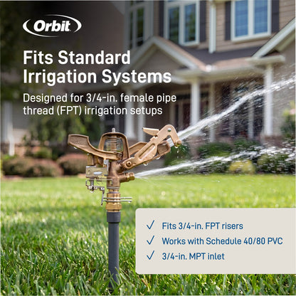 Orbit Irrigation 3/4-in MPT impact sprinkler head with bronze body spraying water across lawn on Tampa Home & Garden Store