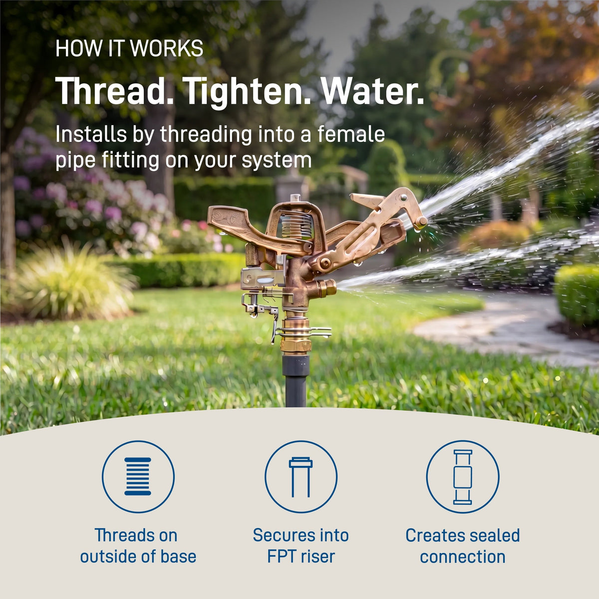 3/4 in MPT Impact Sprinkler Head Orbit Irrigation bronze on stake spraying lawn water on Tampa Home & Garden Store
