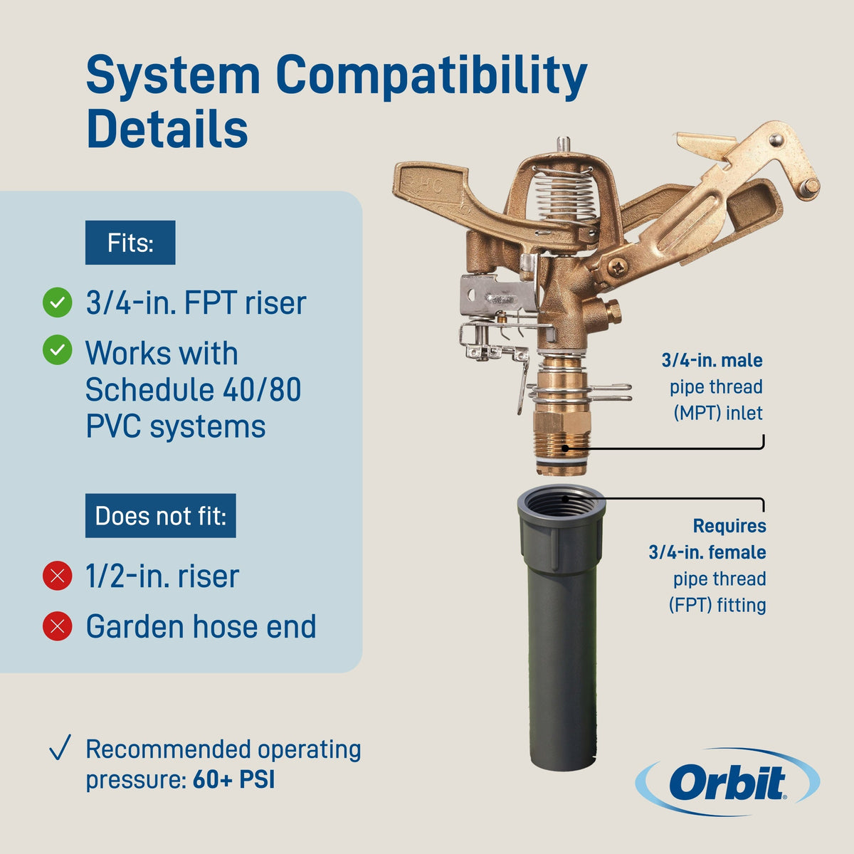 Three Quarter Inch MPT Impact Sprinkler Head Orbit Irrigation bronze body with spring mechanism on Tampa Home & Garden Store