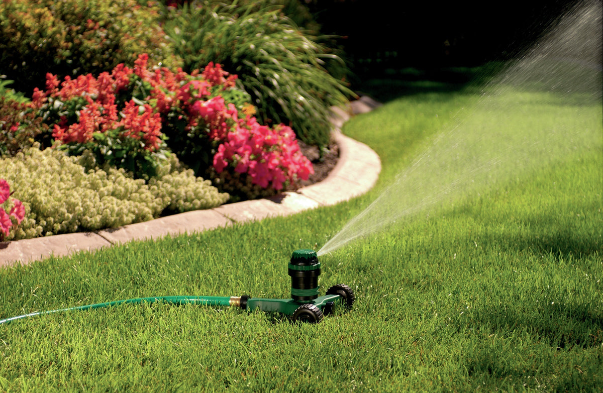 H2O-Six Gear-Drive Sprinkler on green plastic wheel base Orbit Irrigation hose end on Tampa Home & Garden Store