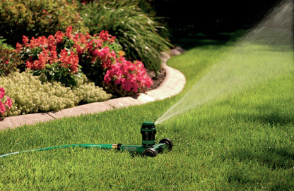 H2O-Six Gear-Drive Sprinkler on green plastic wheel base Orbit Irrigation hose end on Tampa Home & Garden Store