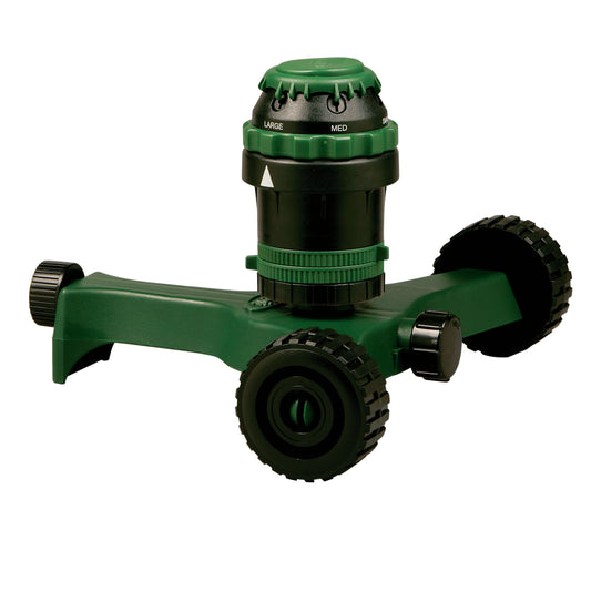 Orbit Irrigation H2O-Six Gear-Drive sprinkler on plastic wheel base, green and black on Tampa Home & Garden Store