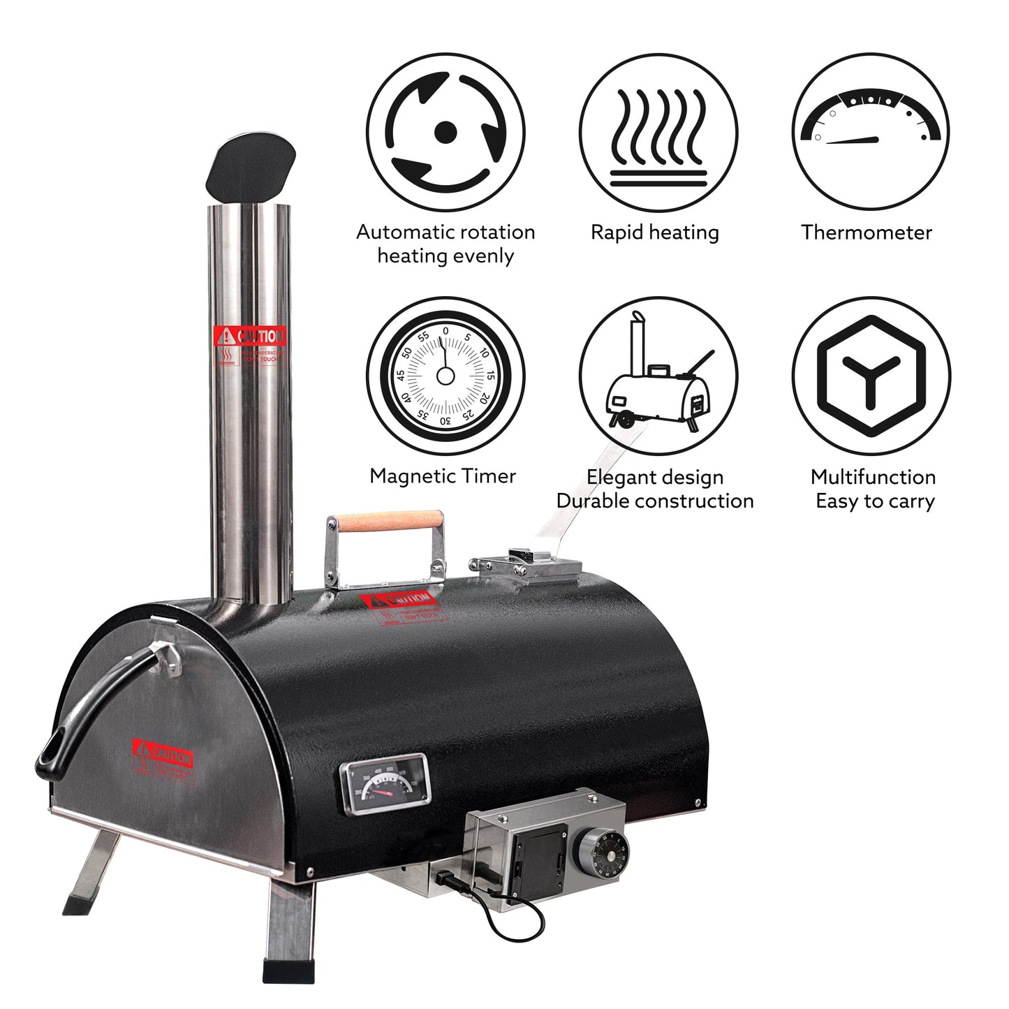 Black Pizza Oven Outdoor 12" Automatic Rotatable Pizza Ovens Portable Stainless Steel Wood Fired Pizza Oven Pizza Maker - Tampa Home & Garden Store