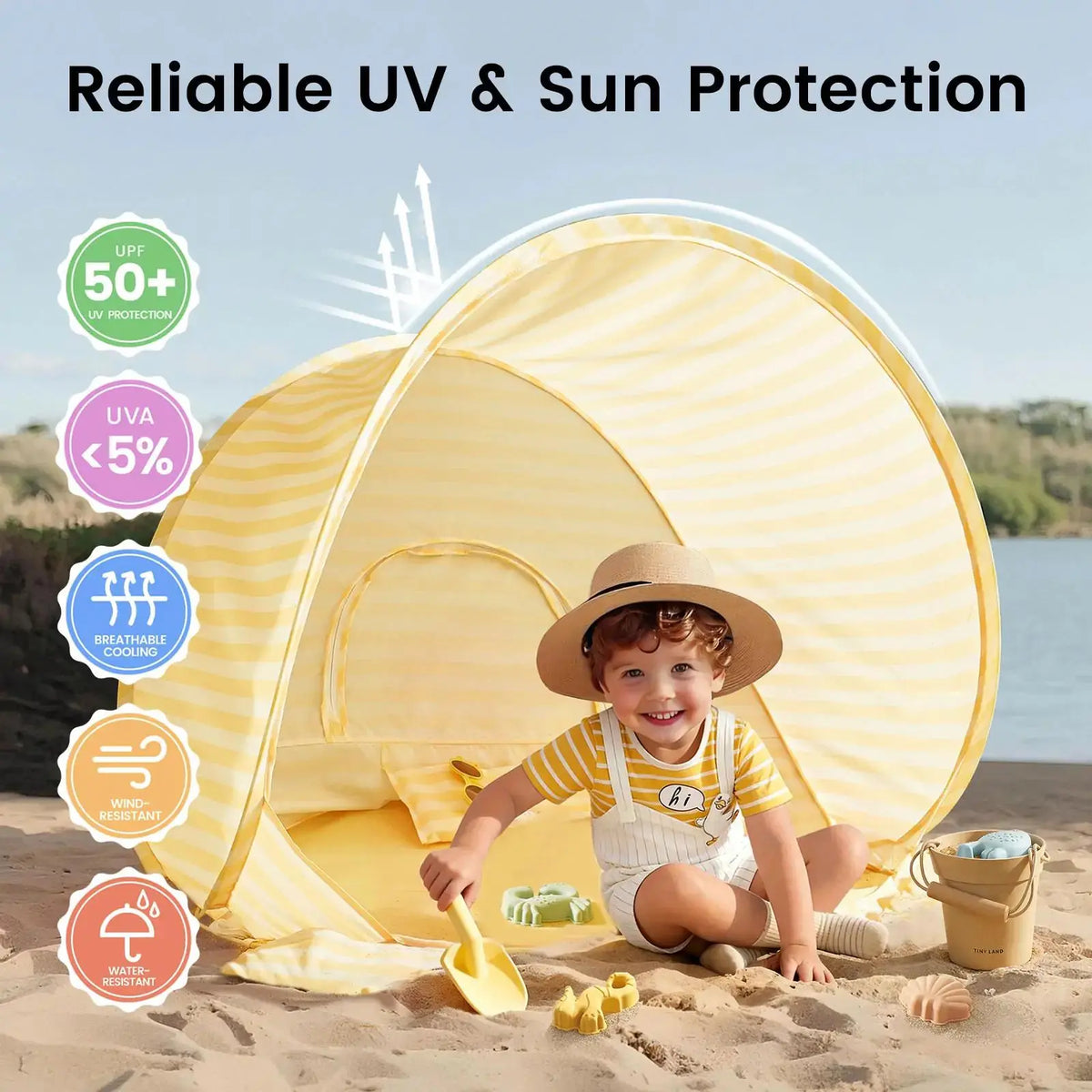 Tiny Land INC One-Stop Beach Toy & Tent Set yellow striped pop-up beach tent for kids on Tampa Home & Garden Store