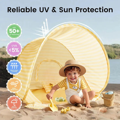 Tiny Land INC One-Stop Beach Toy & Tent Set yellow striped pop-up beach tent for kids on Tampa Home & Garden Store