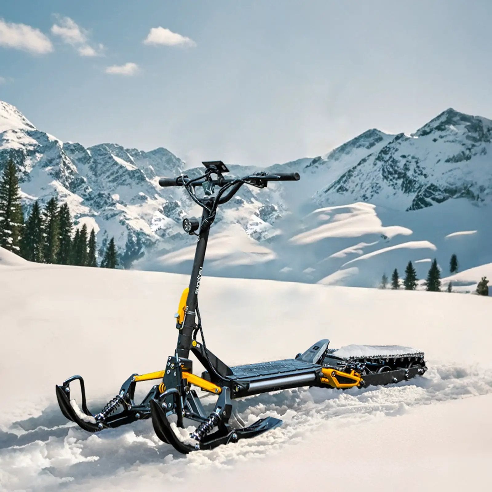 ICEX 1.0 sled by EUNORAU E-BIKE US, black frame, yellow accents and dual ski runners in snow on Tampa Home & Garden Store