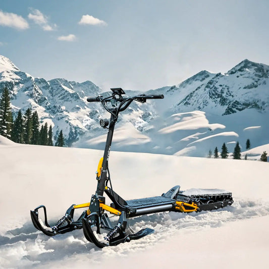 ICEX 1.0 sled by EUNORAU E-BIKE US, black frame, yellow accents and dual ski runners in snow on Tampa Home & Garden Store