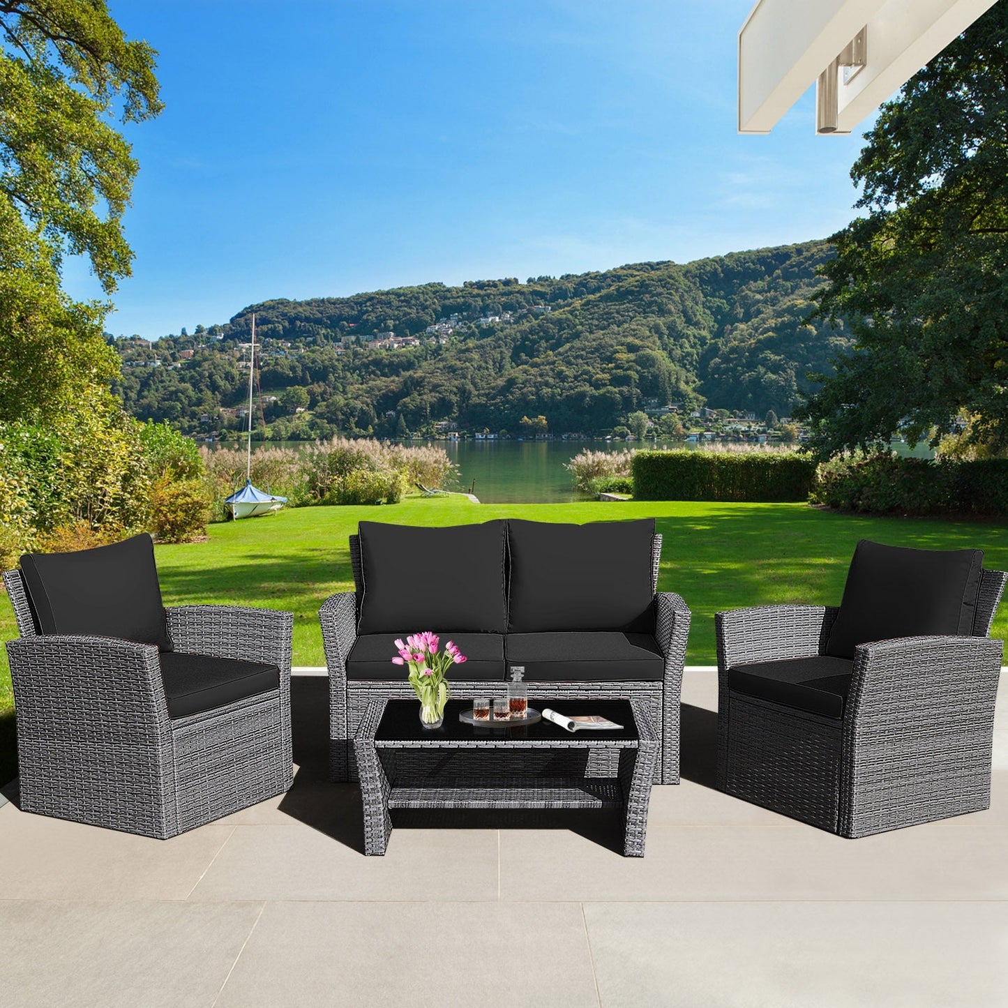 Juego de muebles de ratán para patio de 4 piezas con sofá, mesa con estante de almacenamiento y cojines - Negro