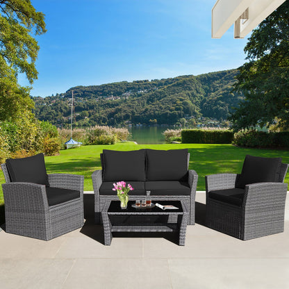 Juego de muebles de ratán para patio de 4 piezas con sofá, mesa con estante de almacenamiento y cojines - Negro