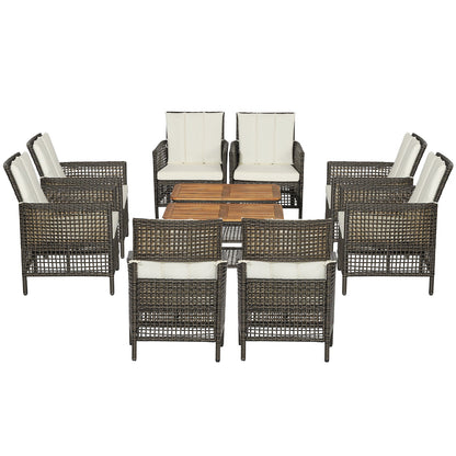 Juego de muebles de patio de ratán de 5 piezas con cojines, sofá y mesa auxiliar de madera - Blanco roto