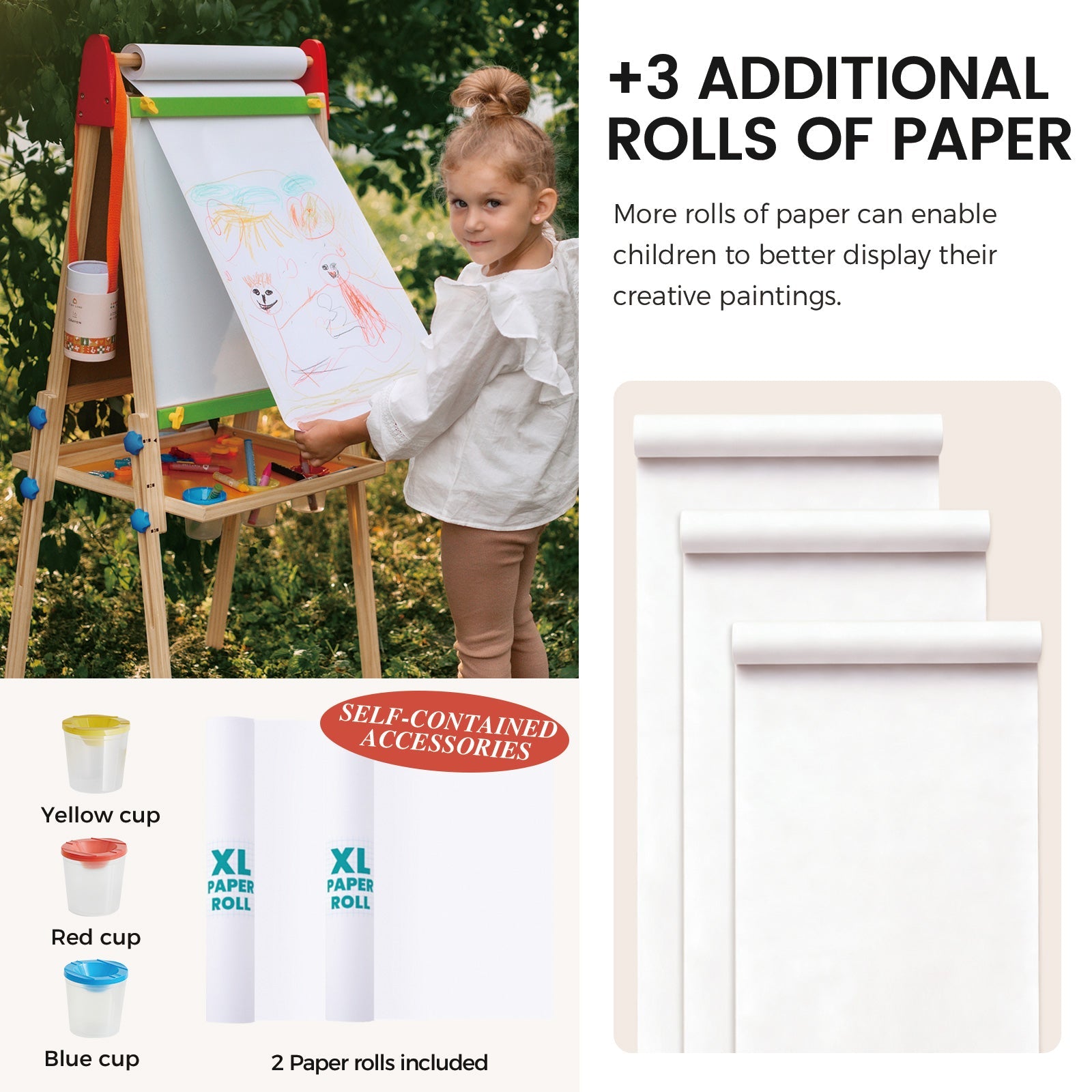 Tiny Land 3-in-1 Art Easel & Paper Roll Set wooden kids easel with white paper rolls included 2 rolls on Tampa Home & Garden Store