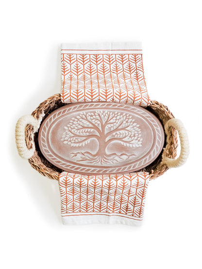 Coffret cadeau chauffe-pain et panier avec torchon - Arbre de vie ovale