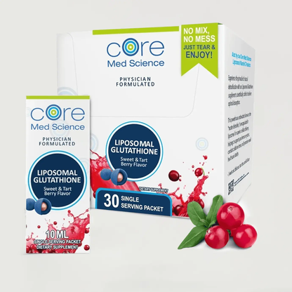 Liquid Liposomal Glutathione 30pk by Core Med Science, sweet-tart berry flavor supplement on Tampa Home & Garden Store