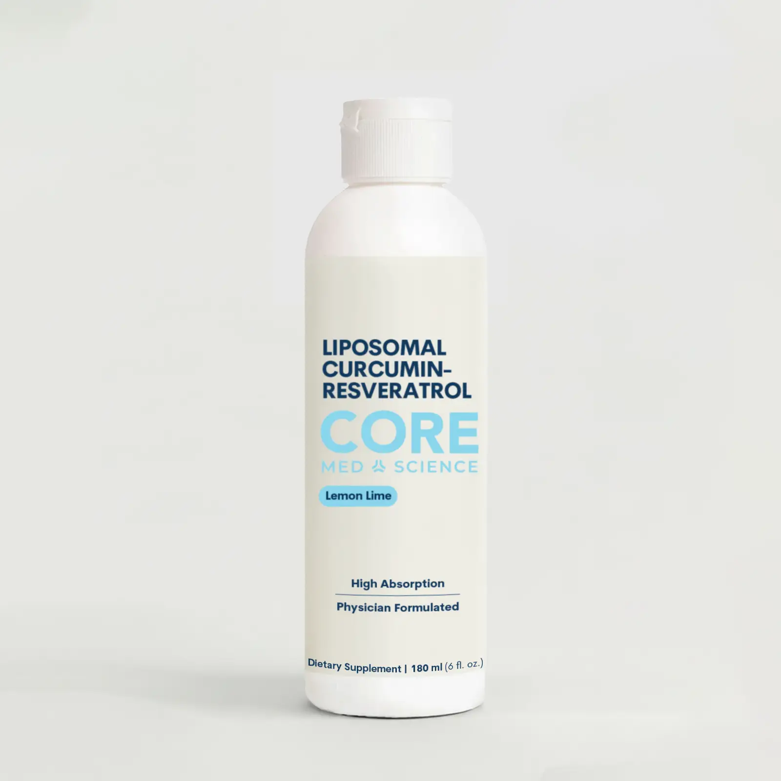 Liposomal Curcumin-Resveratrol liquid Core Med Science white bottle with blue label Lemon Lime on Tampa Home & Garden Store