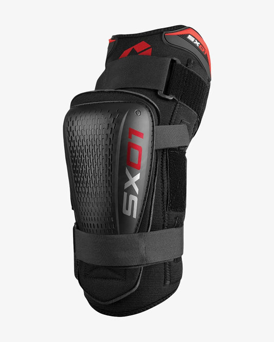 SX01 Knee Brace by EVS with polycentric hinges, black with red accents, adjustable straps on Tampa Home & Garden Store
