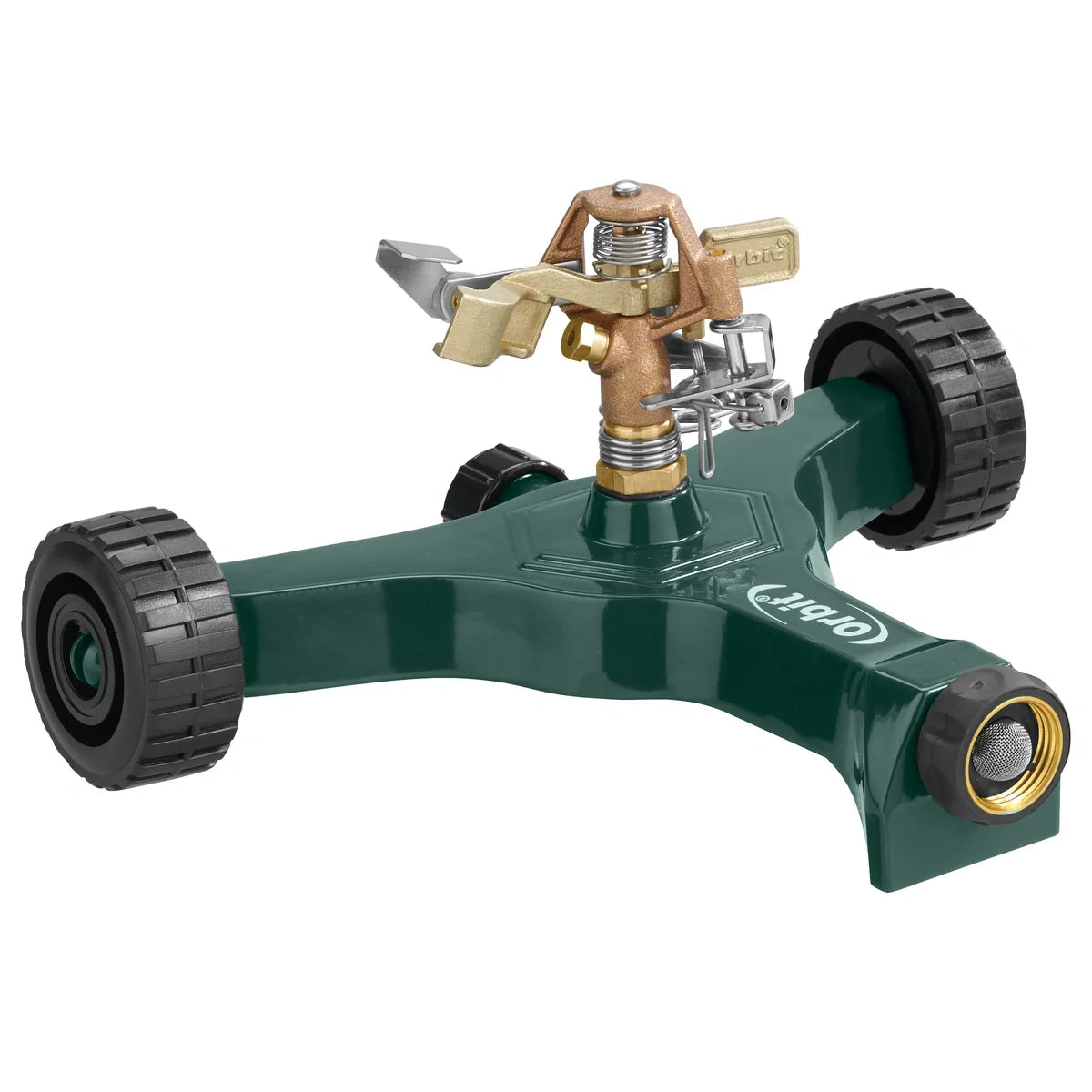 Brass impact sprinkler on metal wheel base by Orbit Irrigation for large area watering on Tampa Home & Garden Store