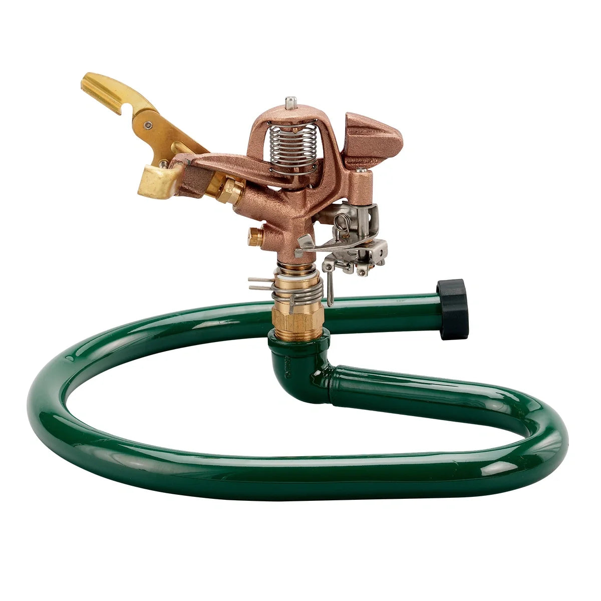 Brass impact sprinkler on metal ring base with green hose, Orbit Irrigation large area sprinkler on Tampa Home & Garden Store