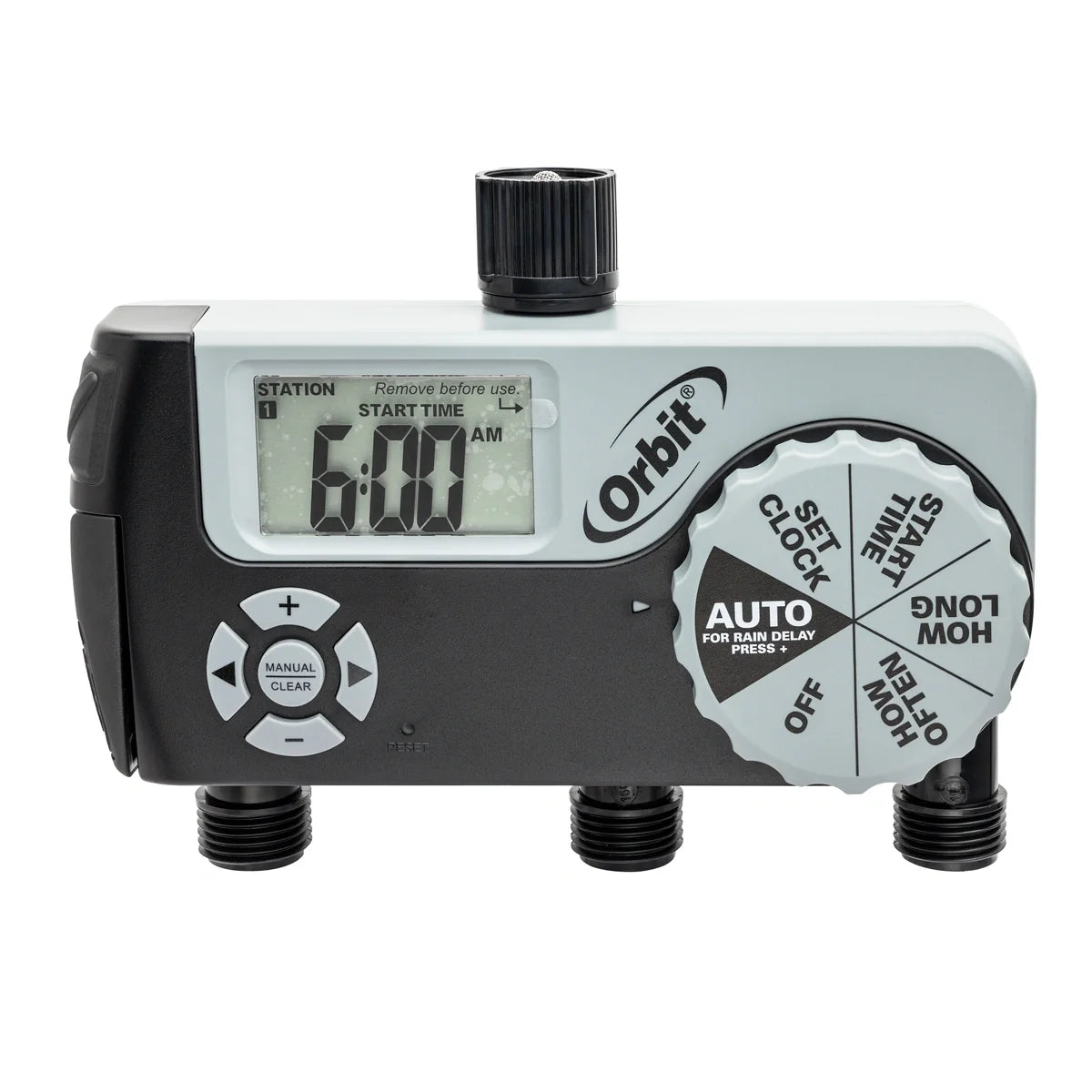 Orbit 3-outlet hose timer with digital display and big dial gray unit with 3 fittings on Tampa Home & Garden Store